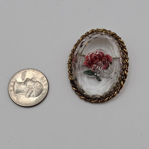Vintage Gold-Toned Frame Clear Glass Red Handpainted Rose Brooch Fashion Jewelry - Picture 15 of 16